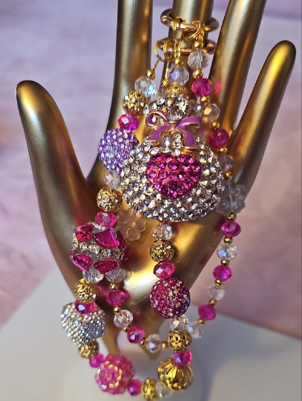 CHARMS: Gold-Tone Pink Crystal Heart Money Bag - Picture 3 of 5